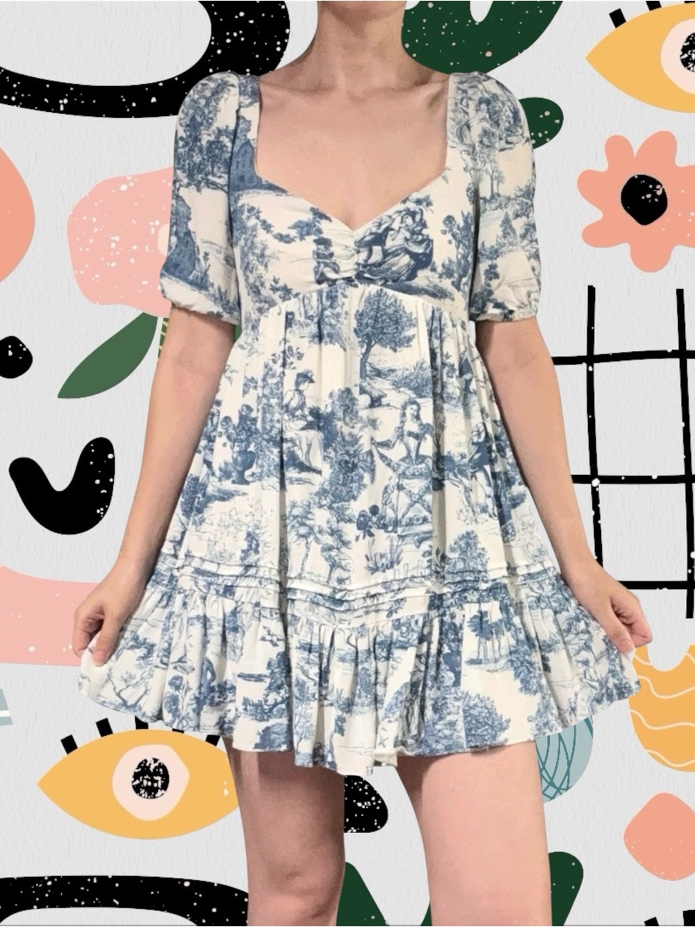 Gianni Bini | White and Blue Toile Print Peasant Puff Sleeve Babydoll Mini Dress